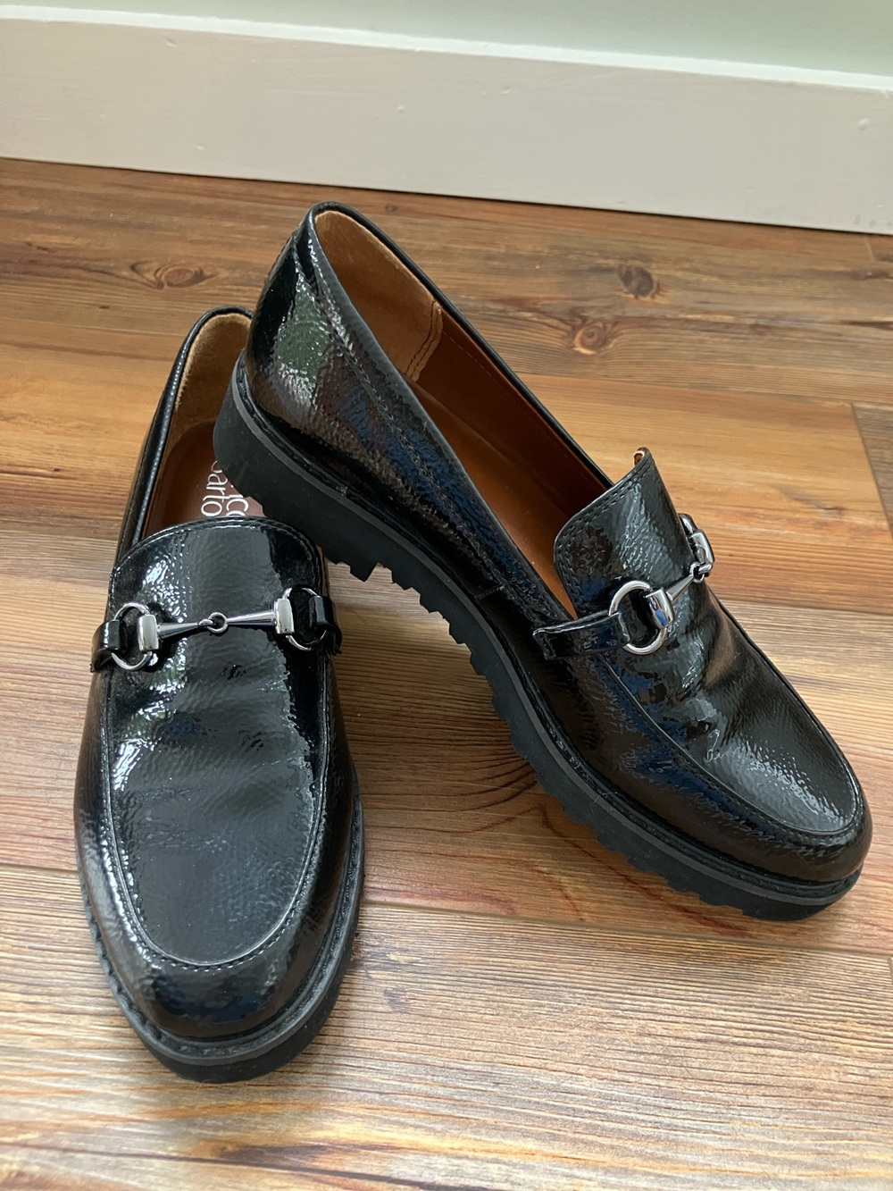 Franco Sarto Black Patent Loafers with Silver Bit